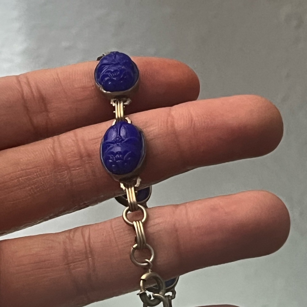 Antique Royal Blue Carved Scarab bracelet made out of sterling